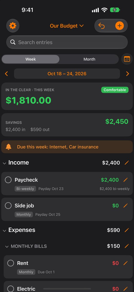 Tough Budget app screen: this week, with what is left after every bill