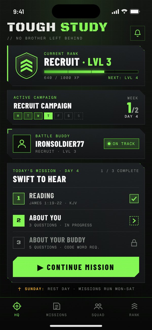 Tough Study screen: HQ with your rank, your campaign, your Battle Buddy and today's mission